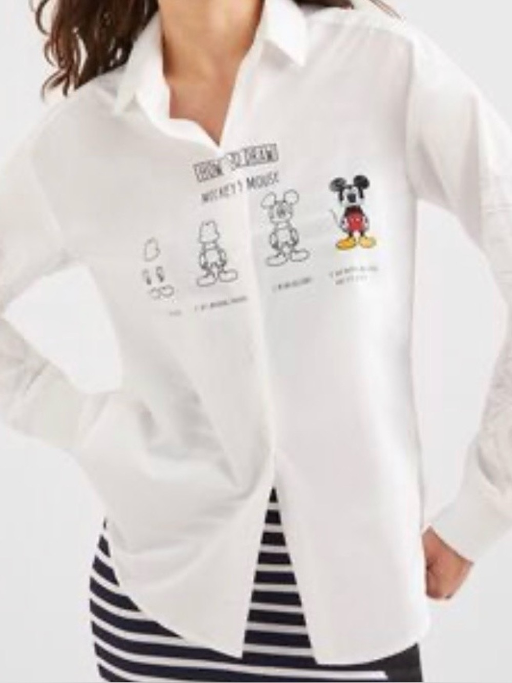 Desigual Spain White Long Sleeve Tee - How to draw Mikey Mouse - Graphic Sleeve